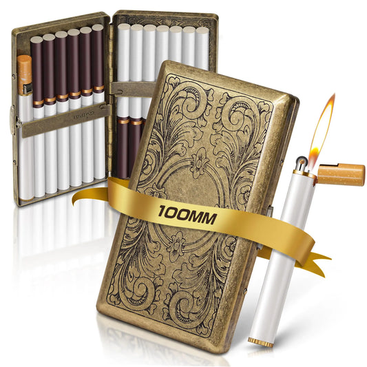 X-LIGHTER Vintage Cigarette Case with Lighter for 100s ，Smell Proof Retro Metal Cigarette Cases Holder 100s King Size Funny Smoking Set for Women Men Christmas Gift