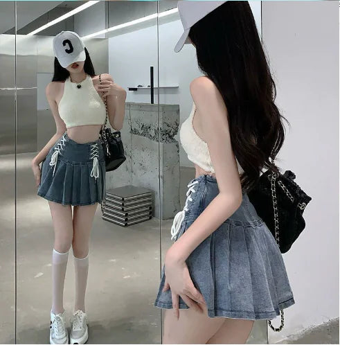 High Waist Pleated Denim Skirt for Women