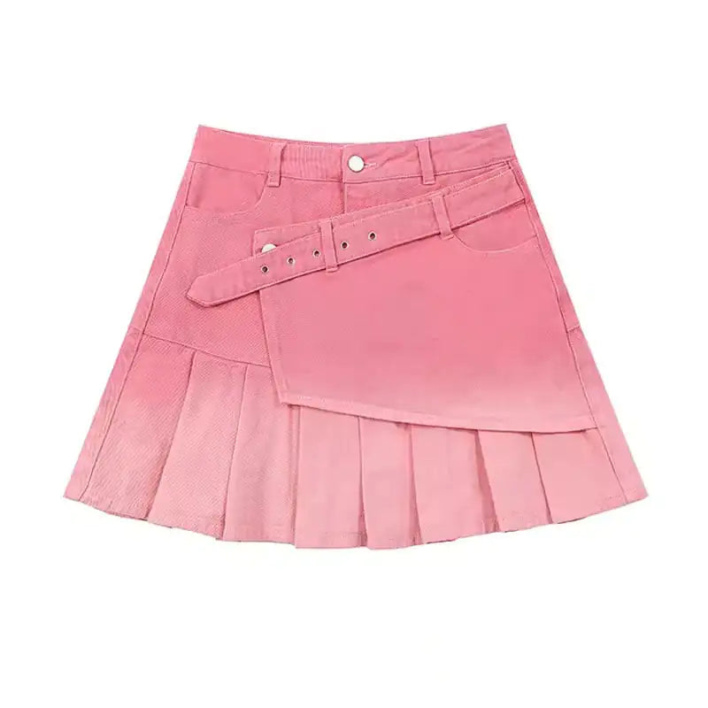 American High Waist A-Line Pleated Denim Skirt