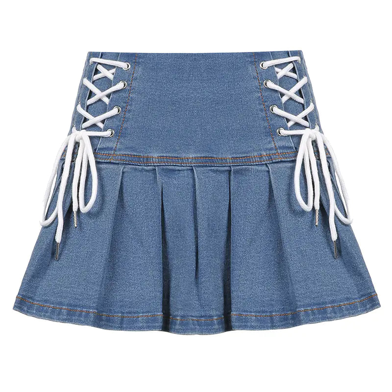 High Waist Pleated Denim Skirt for Women