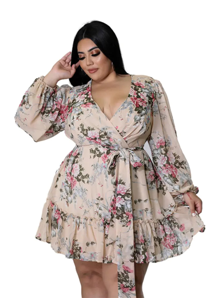 Plus Size Floral Chiffon Dress with V-Neck for Women