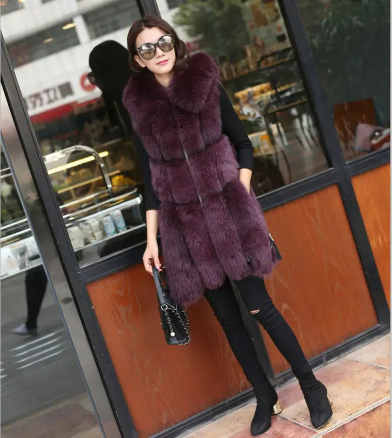 Faux Fox Fur Mid-Length Stitching Coat