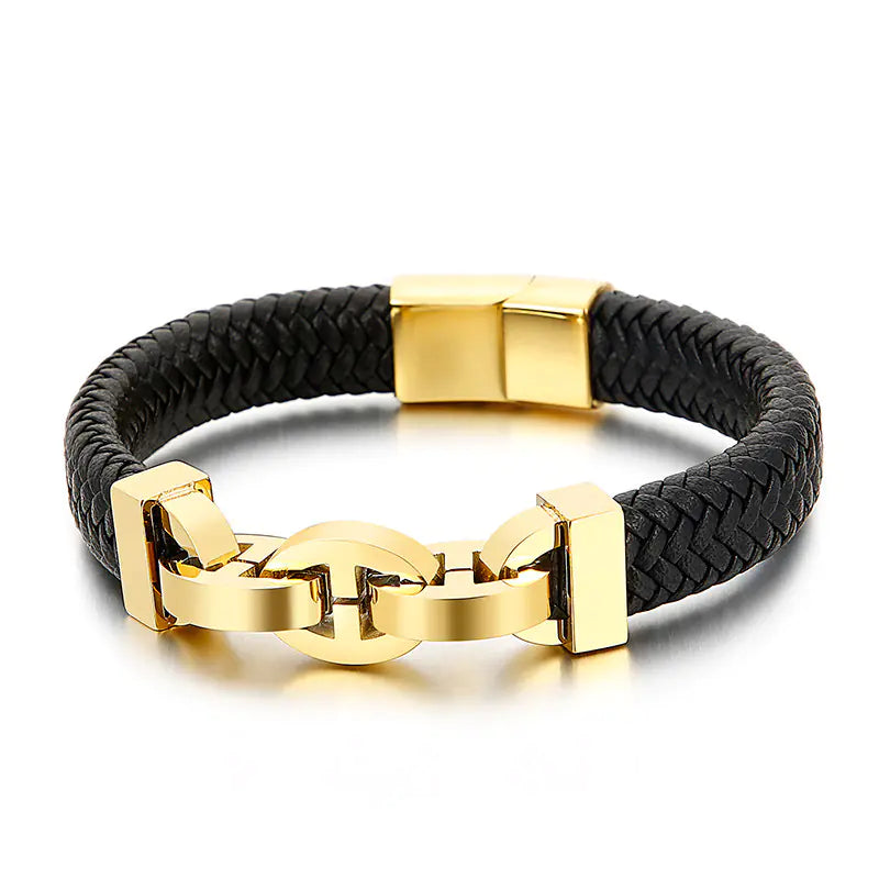 Men's Fashion Titanium Steel Braided Leather Bracelet