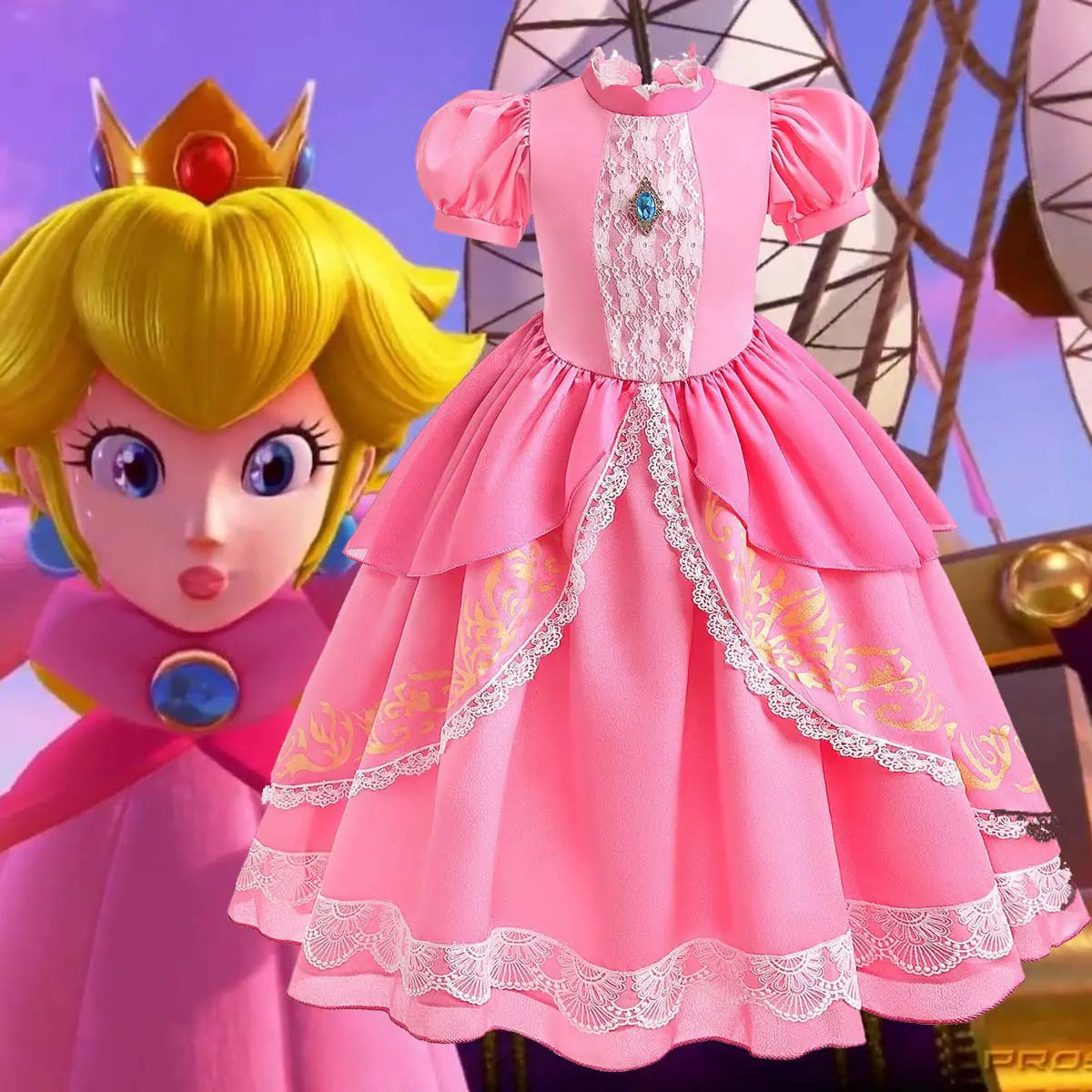 Princess Peach Cosplay Dress with Puff Sleeves