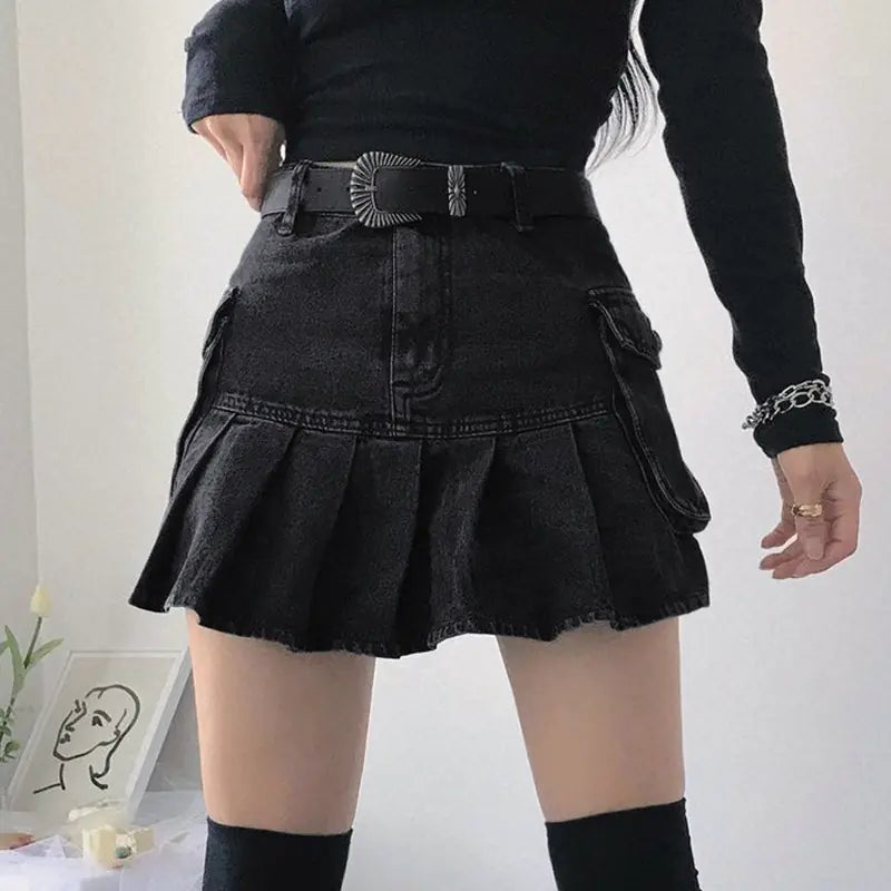 High Waist Denim Pleated Skirt
