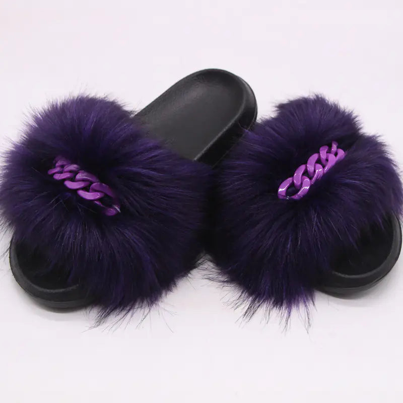 Faux Fox Fur Plush Flip-Flop Sandals for Women