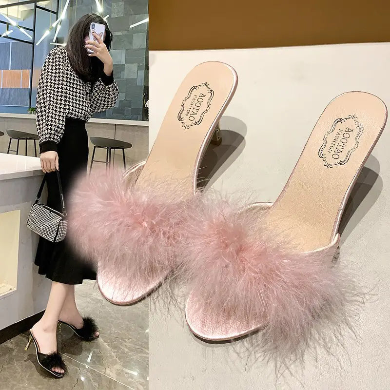 Ladies Plush High-Heeled Slippers and Sandals