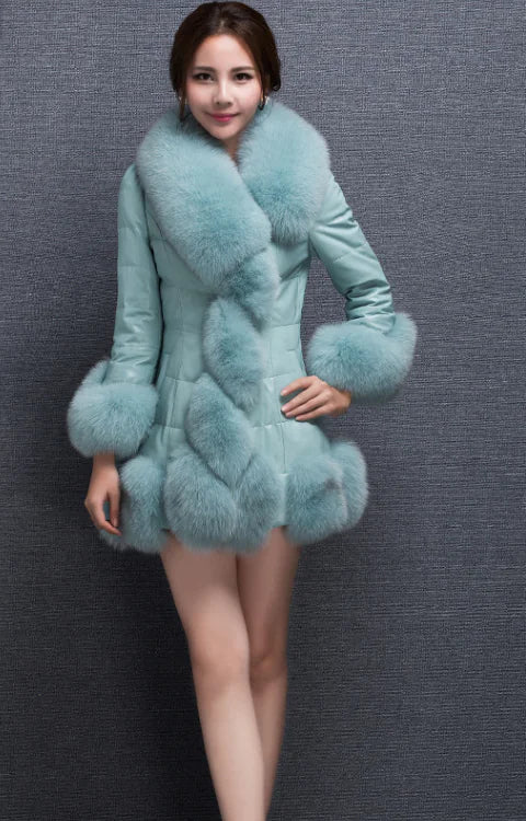 Slim Fit Mid-Length Faux Fur Coat with Fox Fur Collar