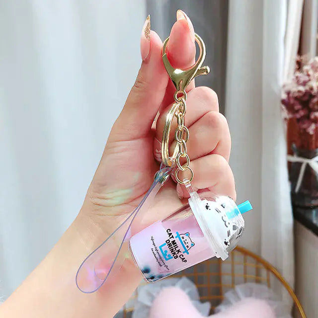 Cute Cartoon Cat Keychain with Liquid Quicksand Charm