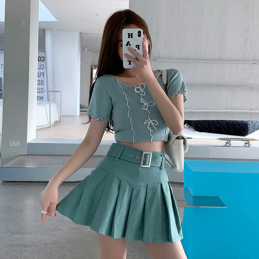 High Waist A-line Washed Denim Pleated Skirt for Women