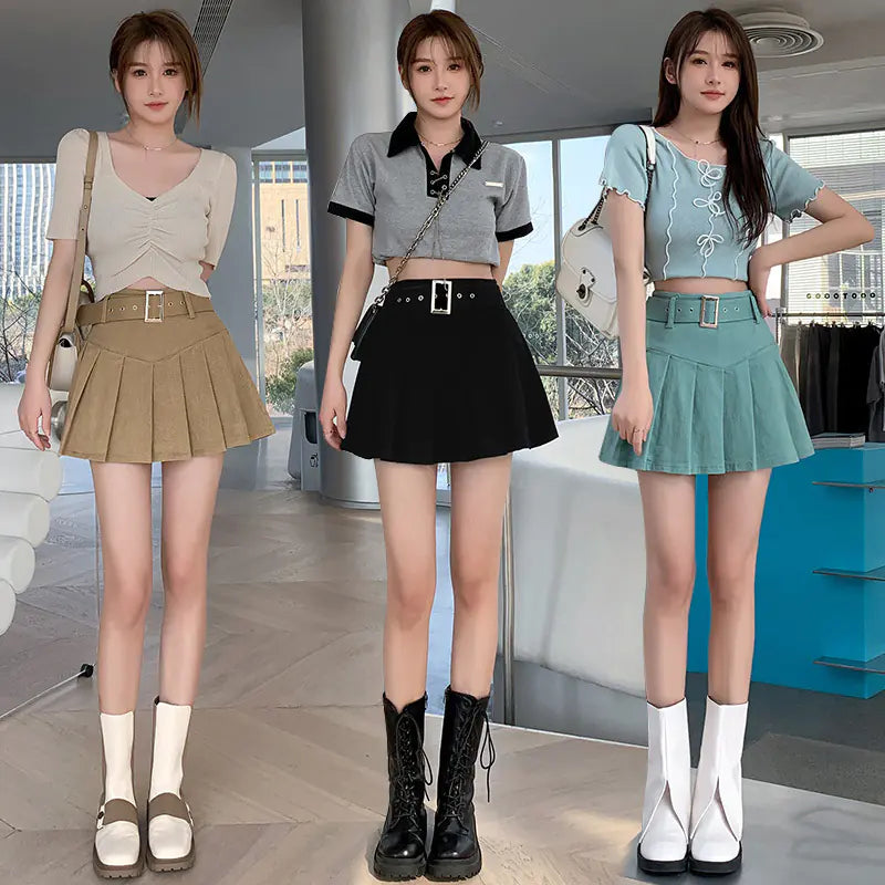 High Waist A-line Washed Denim Pleated Skirt for Women