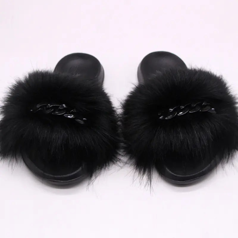 Faux Fox Fur Plush Flip-Flop Sandals for Women
