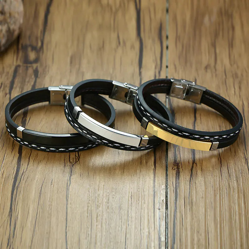 Men's Black PU Leather Braided Bracelet in Stainless Steel