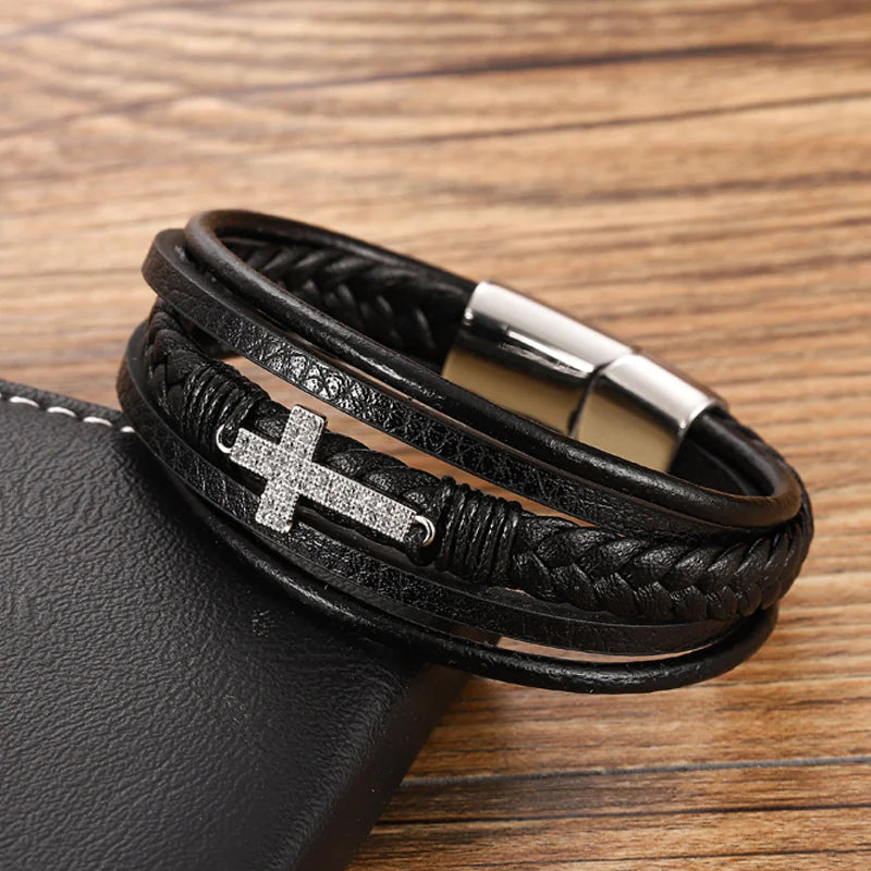 Men's Retro Braided Leather & Steel Bracelet