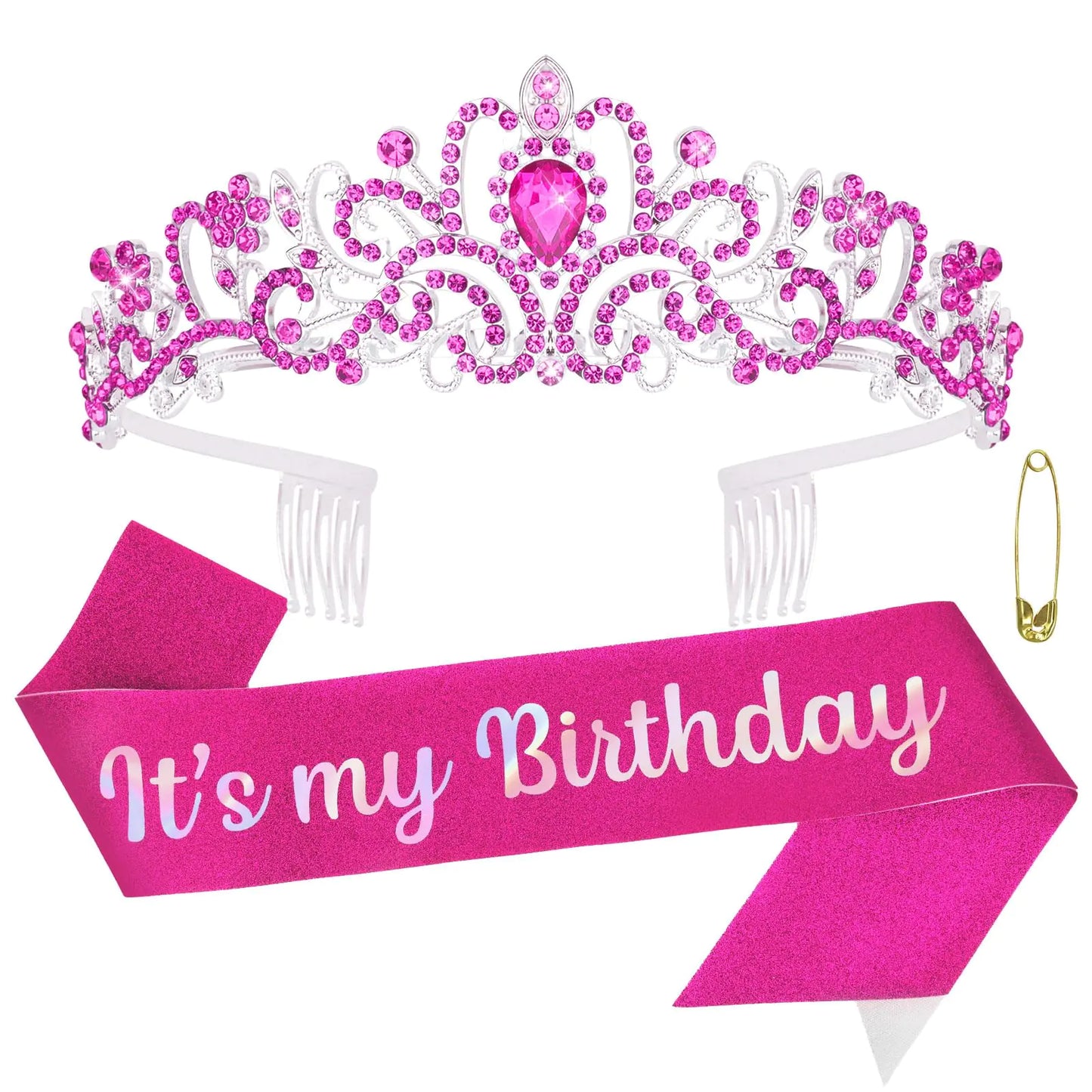 ACO-UINT Birthday Crown for Women Hot Pink Birthday Headband Birthday Sash Birthday Tiara Birthday Girl Crown Birthday Queen Tiara Decorations Birthday Gifts