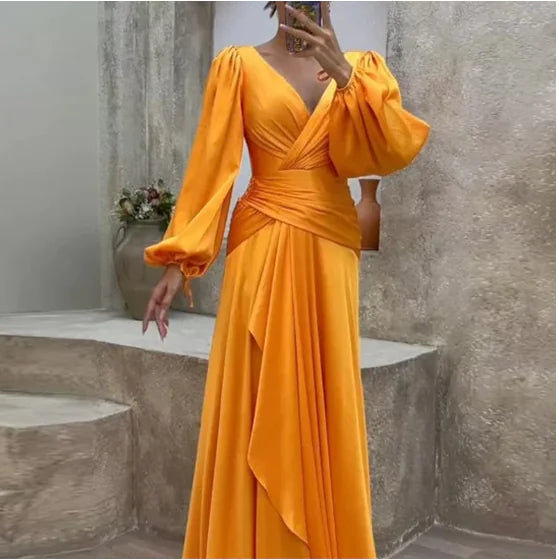 Fitted Waist Pleated Long Sleeve Slimming Dress