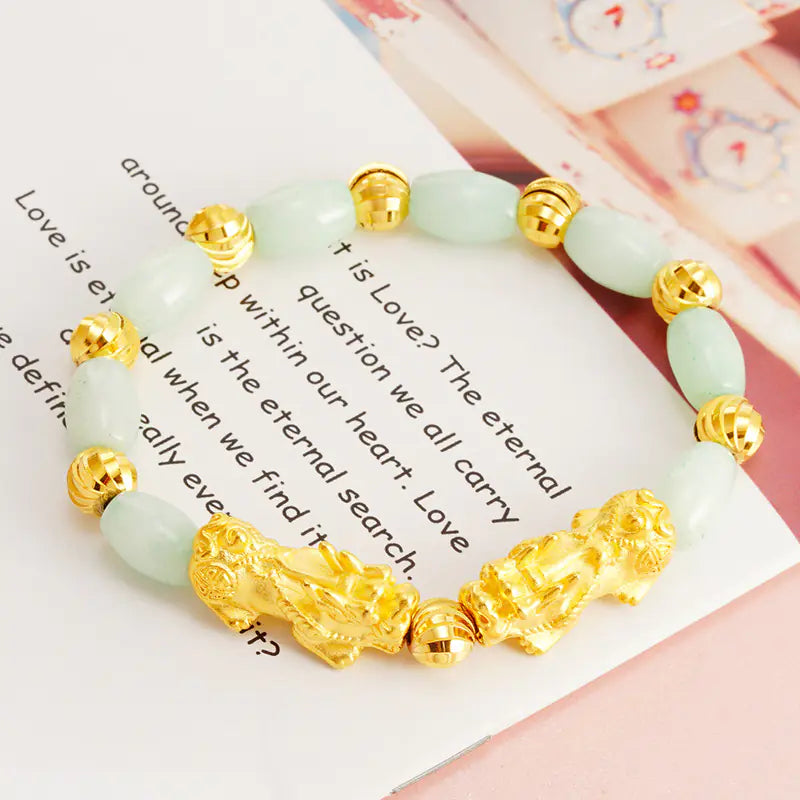Natural Jade Bead Bracelet with Gold Pixiu for Couples