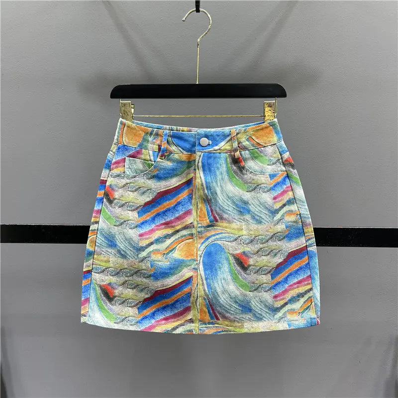 Women's High Waist A-line Summer Printed Denim Skirt