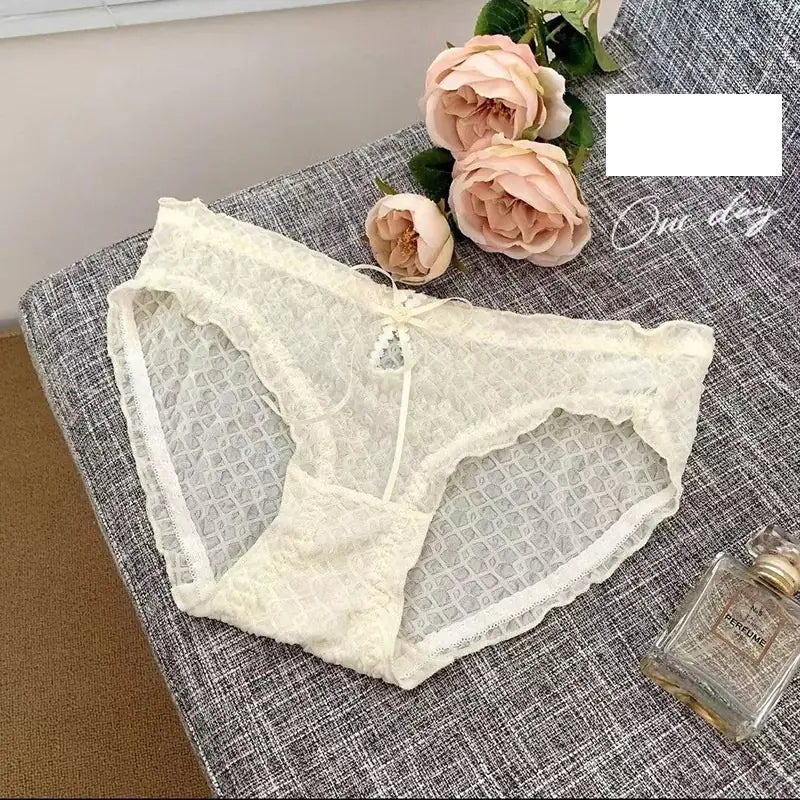 Women's Mid-Waist Briefs with Lace Hollow Out Design