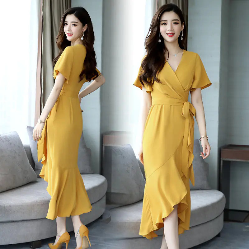 Summer V-Neck Short Sleeve Midi Chiffon Dress for Women