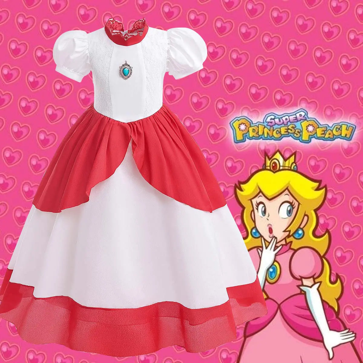 Princess Peach Cosplay Dress with Puff Sleeves