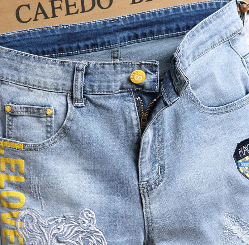 Men's Embroidered Stretch Denim Five-Point Shorts