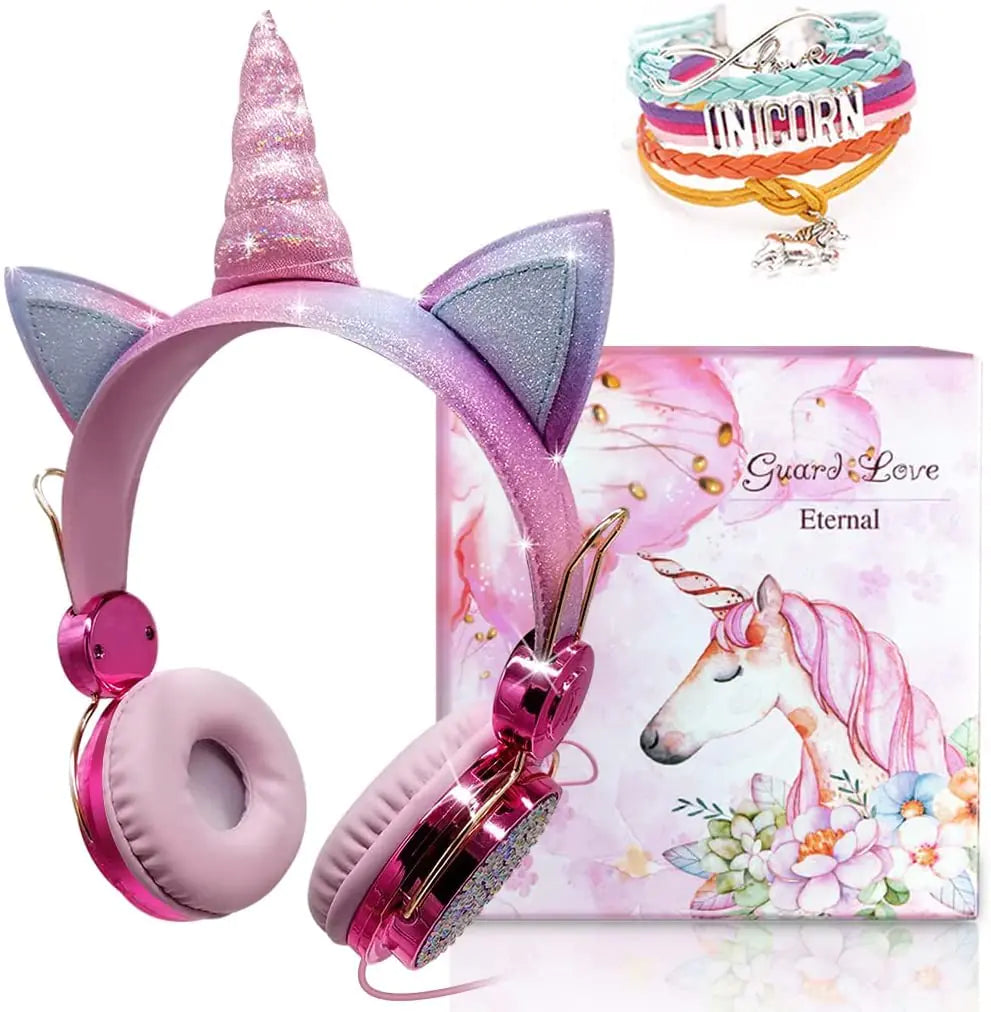 Unicorn Kids Headphones for Girls Children Teens Wired Headphones for Kids with Adjustable Headband 3.5mm Jack and Over On Ear Headset w/Mic for School Birthday Xmas Unicorn Gift
