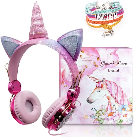 Unicorn Kids Headphones for Girls Children Teens Wired Headphones for Kids with Adjustable Headband 3.5mm Jack and Over On Ear Headset w/Mic for School Birthday Xmas Unicorn Gift
