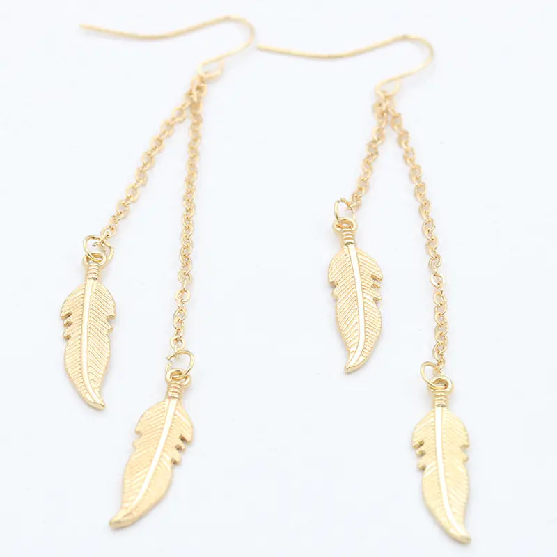 Trendy Leaf Earrings with Tassel Chain and Feathers