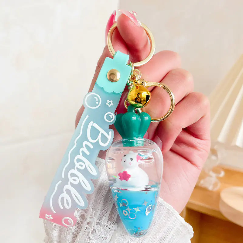 Carrot Rabbit Keychain with Floating Liquid Pendant