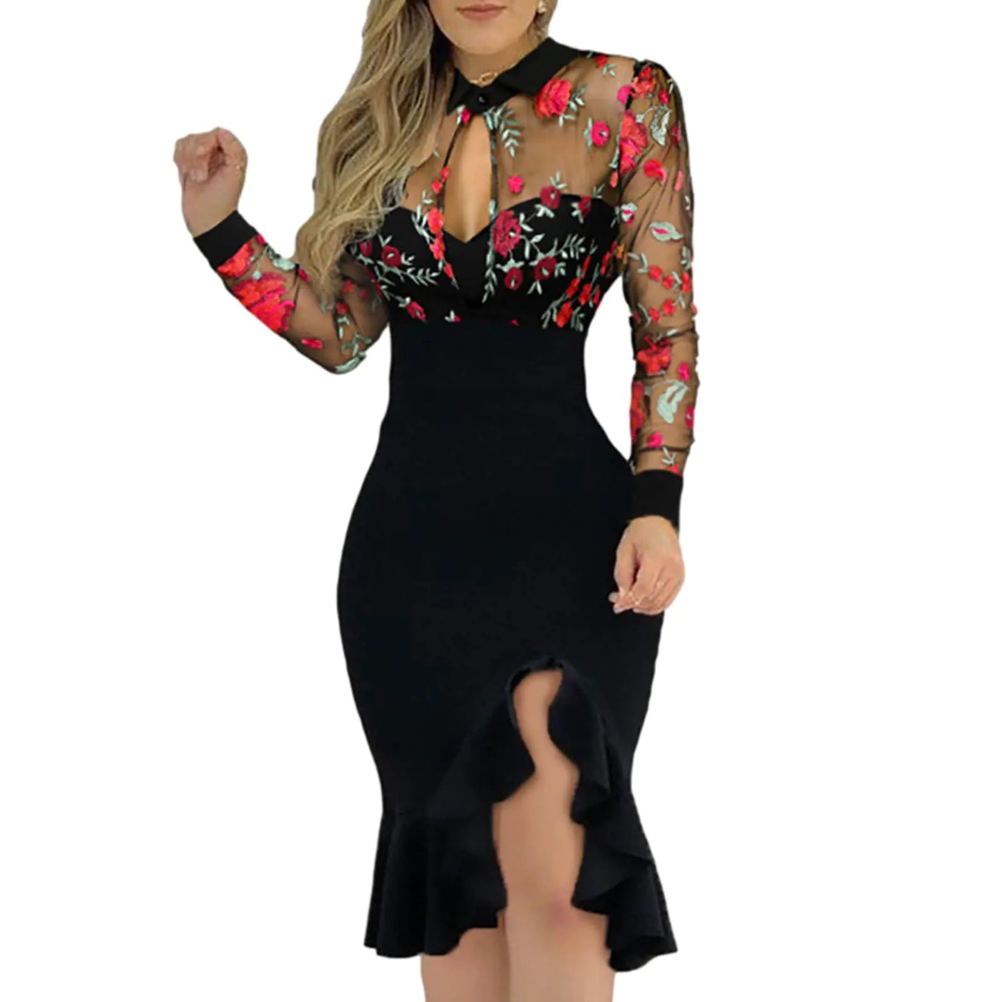 Women's Floral Ruffle Dress with Long Lace Sleeves