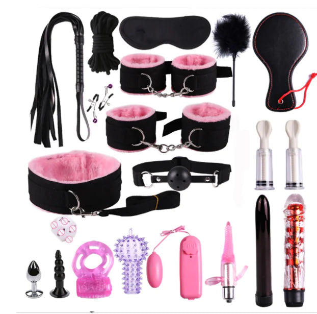 Adult BDSM Tool Kit with Cuffs, Whip, and Accessories