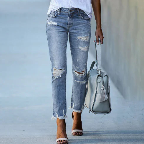 Slim Fit Distressed Frayed Denim Jeans (One Piece)