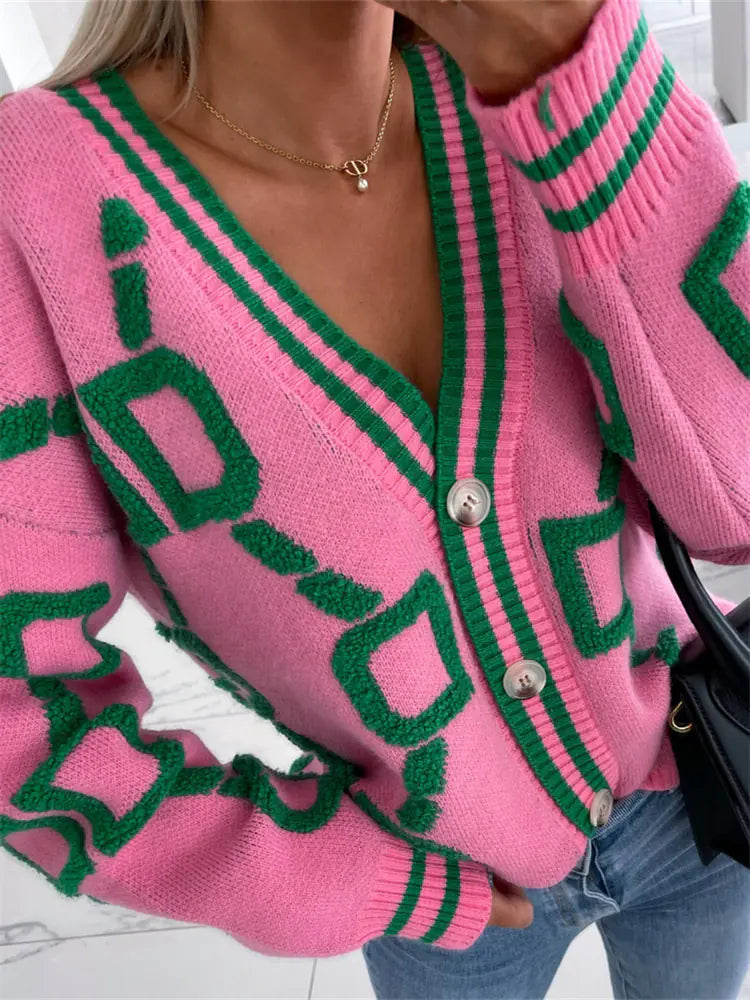 Women's Letter Printed V-Neck Cardigan Sweater