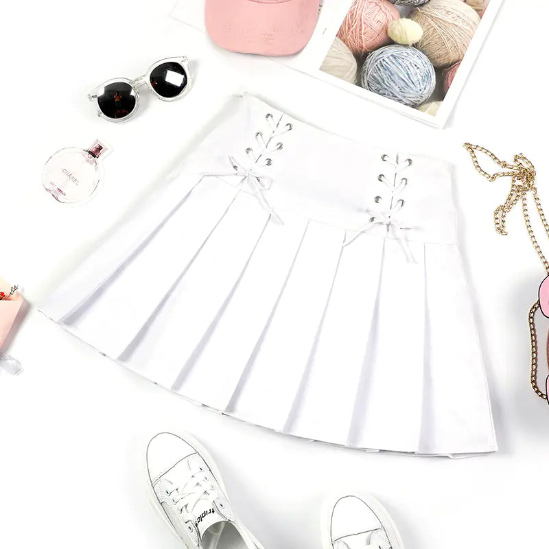 High Waist Tie Plaid Pleated Skirt