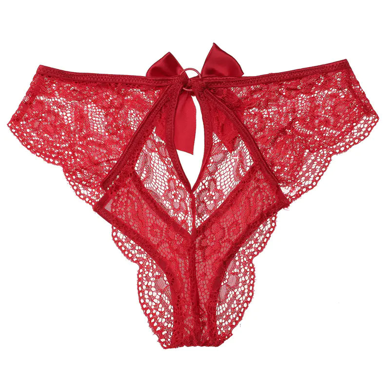 Lace Bow T-Back Panties with Sheer Cutout Design