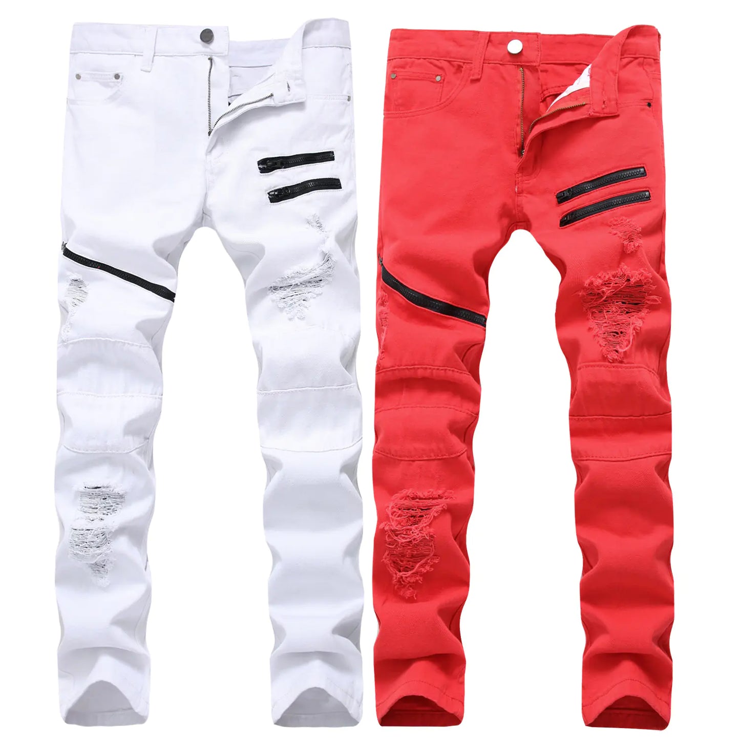 Men's Zippered Casual Jeans with Distressed Detail