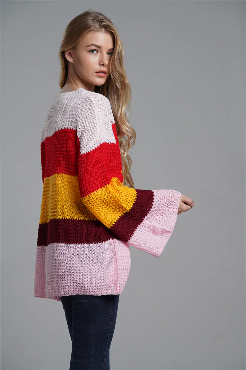 Plus Size Loose Knit Striped Rainbow Sweater