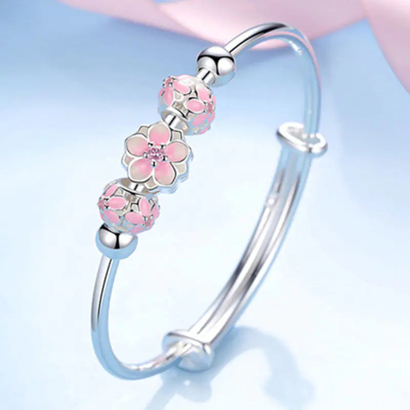 Silver Round Lucky Bead Sakura Dreamcatcher Bracelet