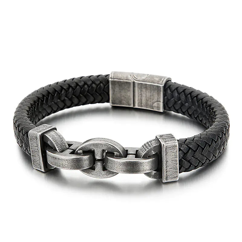 Men's Fashion Titanium Steel Braided Leather Bracelet