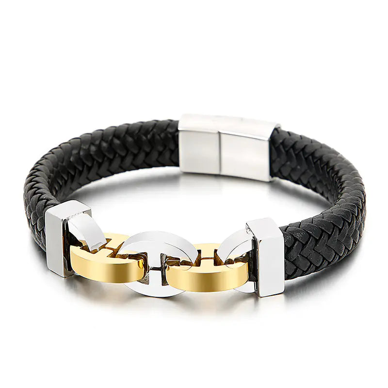 Men's Fashion Titanium Steel Braided Leather Bracelet