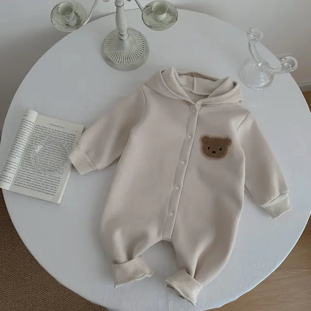 Cute Bear Cartoon Fleece Jumpsuit for Baby Boys and Girls