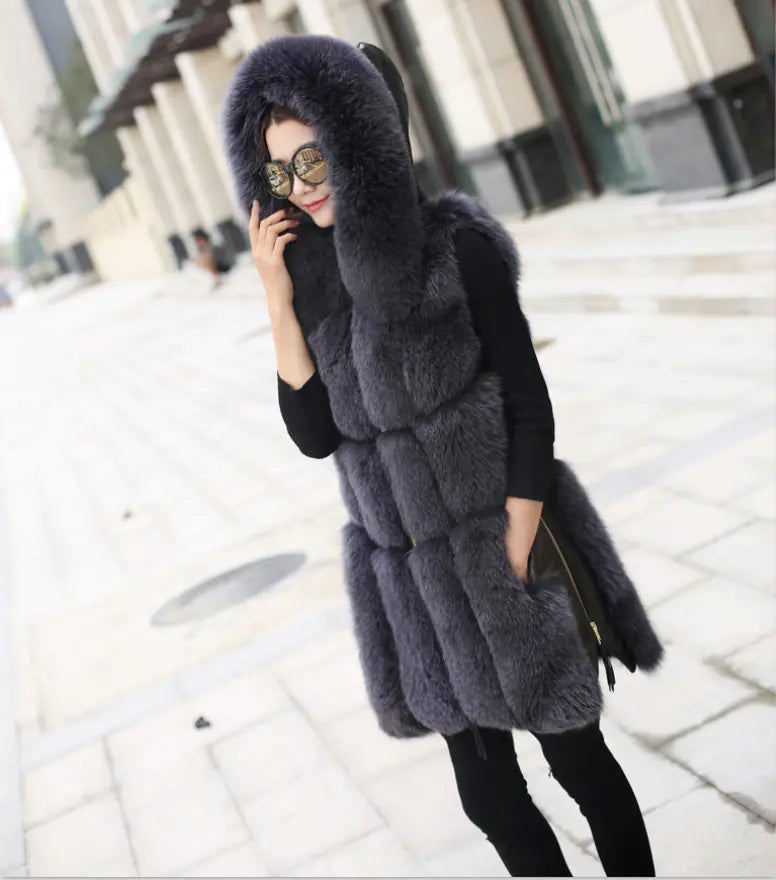 Faux Fox Fur Mid-Length Stitching Coat