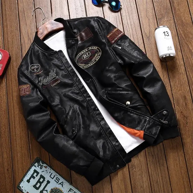 Men's Air Force Pilot PU Leather Jacket with Embroidery