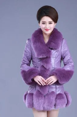Slim Fit Mid-Length Faux Fur Coat with Fox Fur Collar