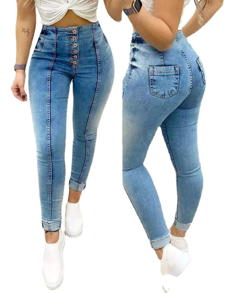 Hip-Lifting Slim High-Waist Denim Trousers for Women