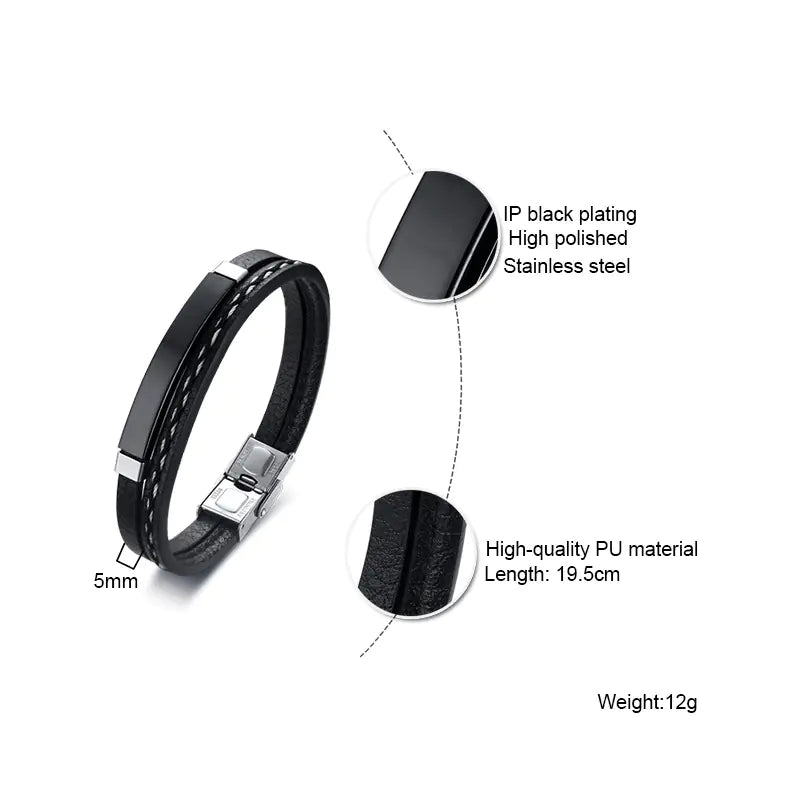 Men's Black PU Leather Braided Bracelet in Stainless Steel