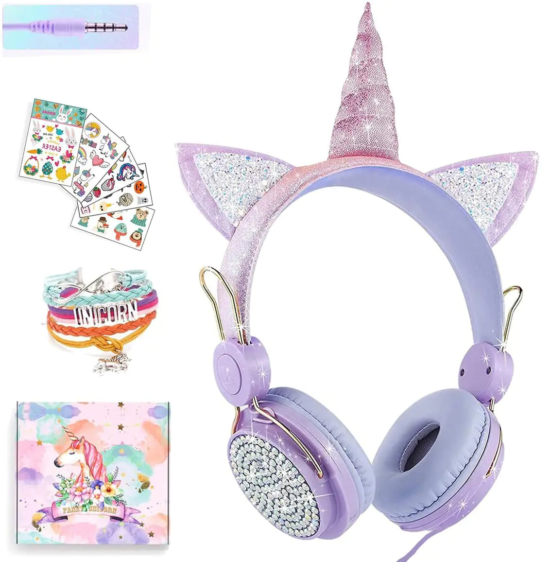SVYHUOK Unicorn Kids Headphones for Girls Children TeensCute Cat Ear Wired Headphones w/Microphone 3.5mm Jack Over On Ear Headset for School Birthday Xmas Unicorn Gift (Princess Purple)