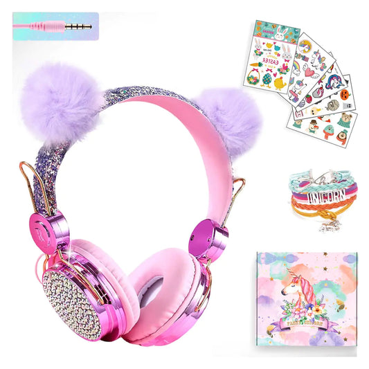 SVYHUOK Girls Purple Pompon Wired HeadphonesCute Cat Ear Kids Game Headset for Teens Tablet Laptop PCOver Ear Children Headset withMicfor School Birthday Xmas Gifts
