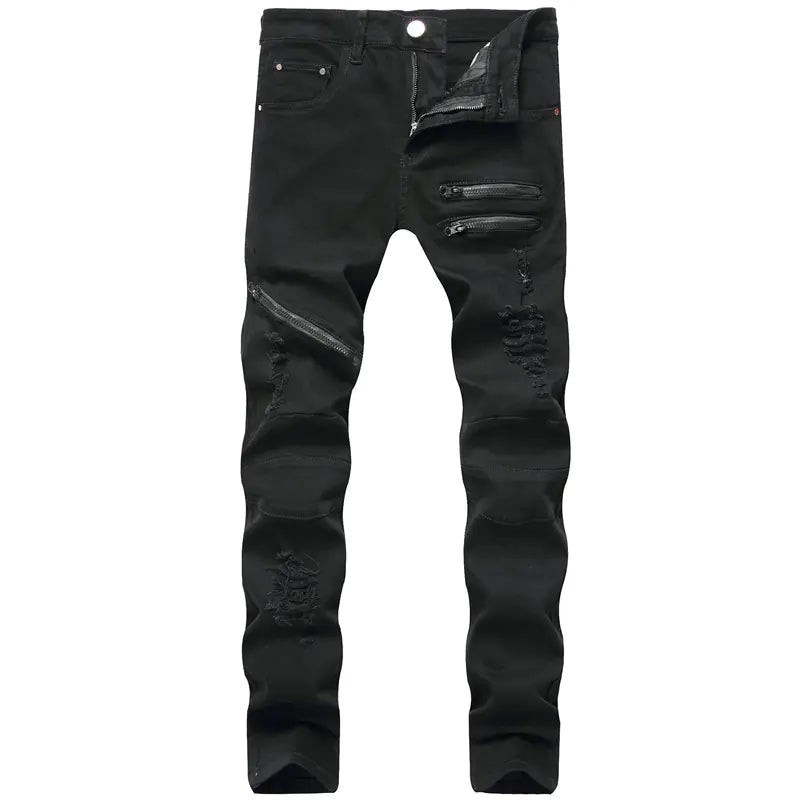 Men's Zippered Casual Jeans with Distressed Detail